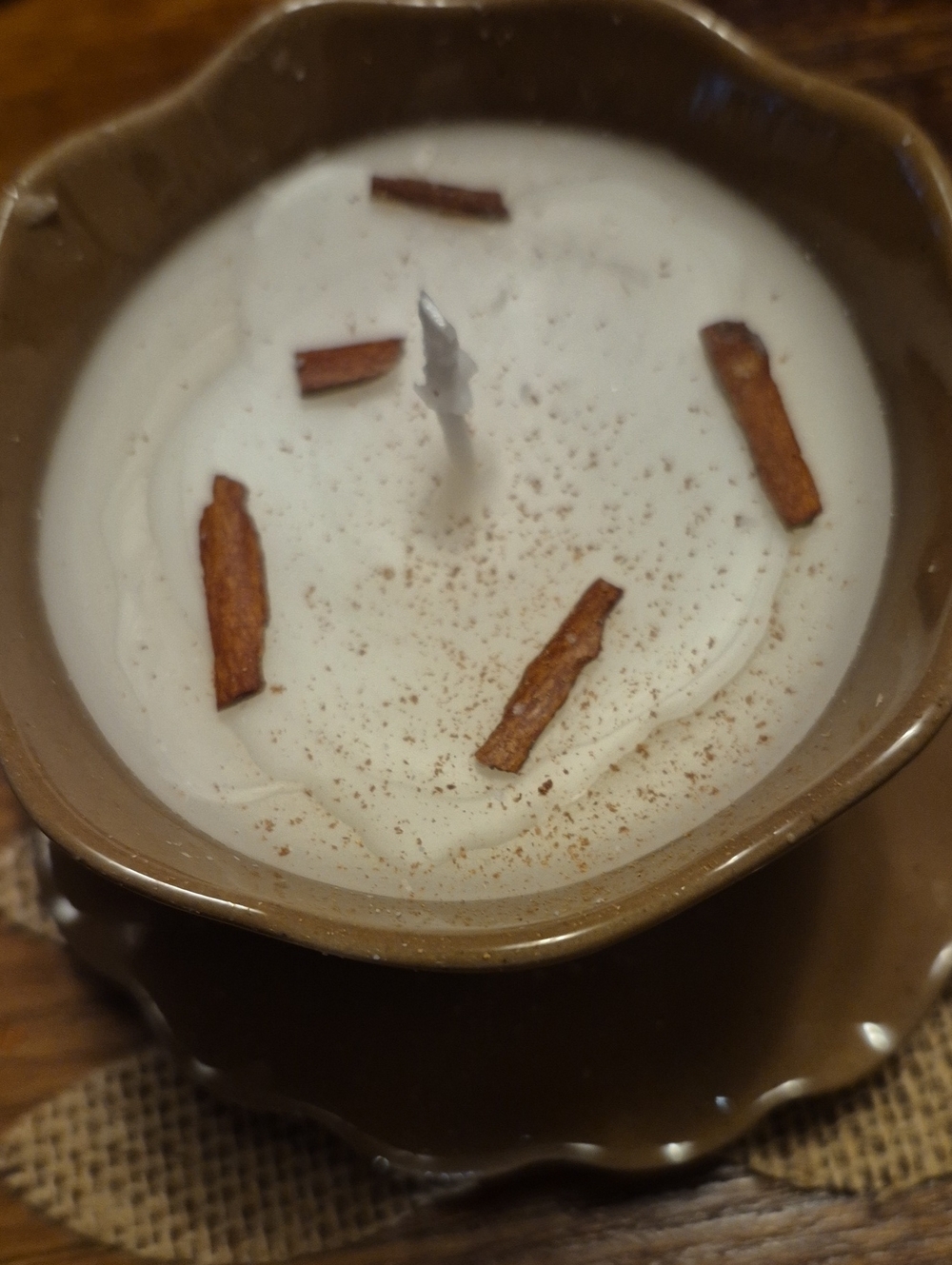 Artisan Cinnamon Scented Decorative Candle in Brown Ceramic Holder